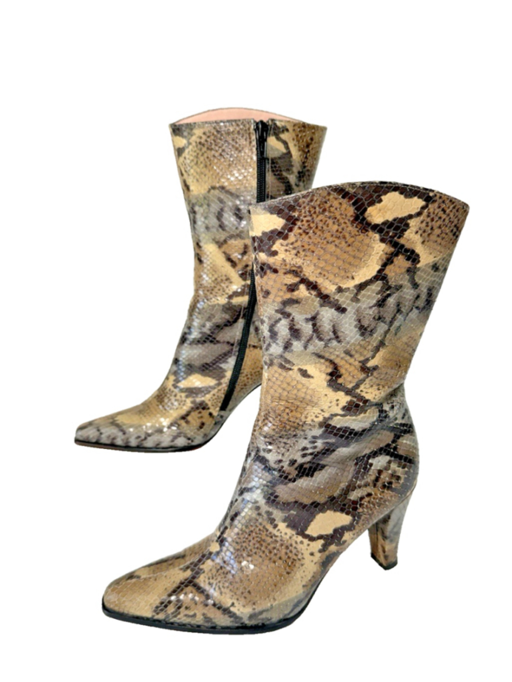 Mezlan Snakeskin Leather Mid Calf Boots Spain size 6 1/2 red soles pointed toe